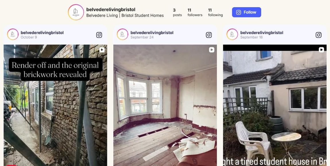 Live Instagram feed widget on the Belvedere Living website showing the latest posts from belvederelivingbristol